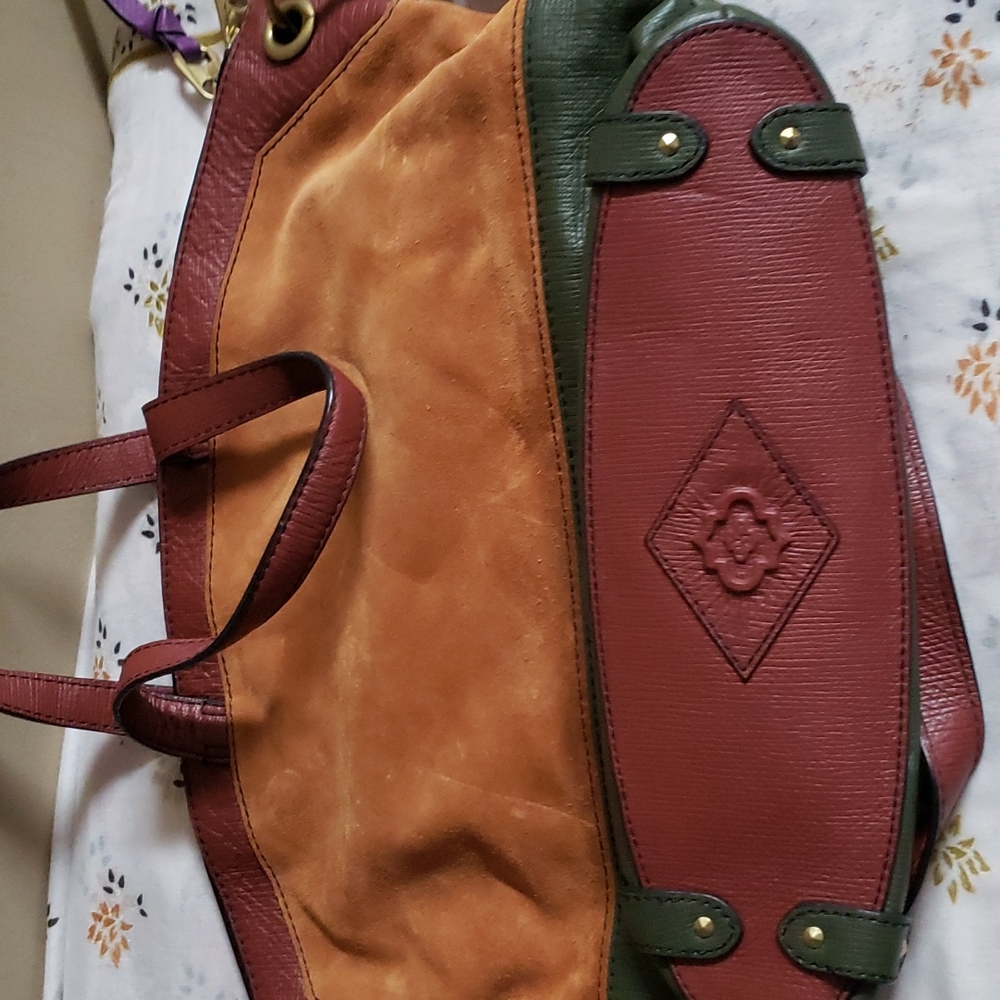 orYANY Suede and Leather Colorblock Satchel in Tan, Brown, and Green - Picture 11 of 13